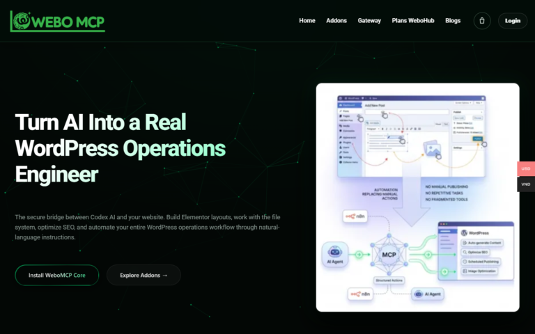 WEBO MCP official website showing its WordPress operations and addon offer