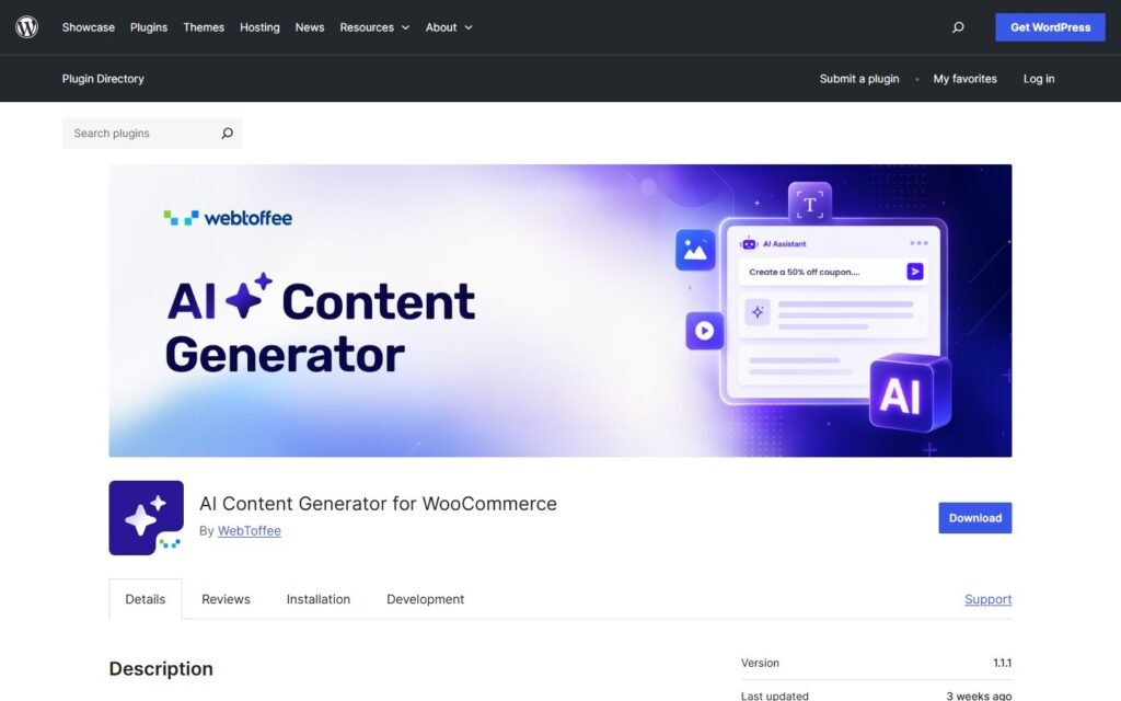 WebToffee AI Content Generator vs Niwa AI: WooCommerce Agent Compared: official wordpress.org website screenshot