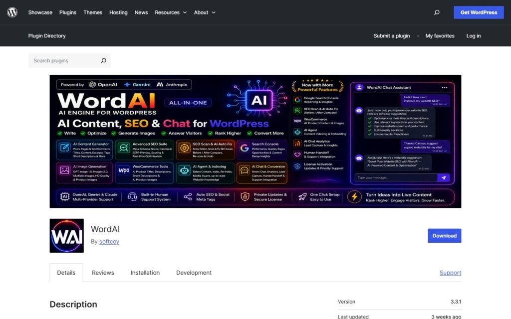 WordAI vs Niwa AI: Content & SEO Suite or WordPress Business Agent?: official wordpress.org website screenshot