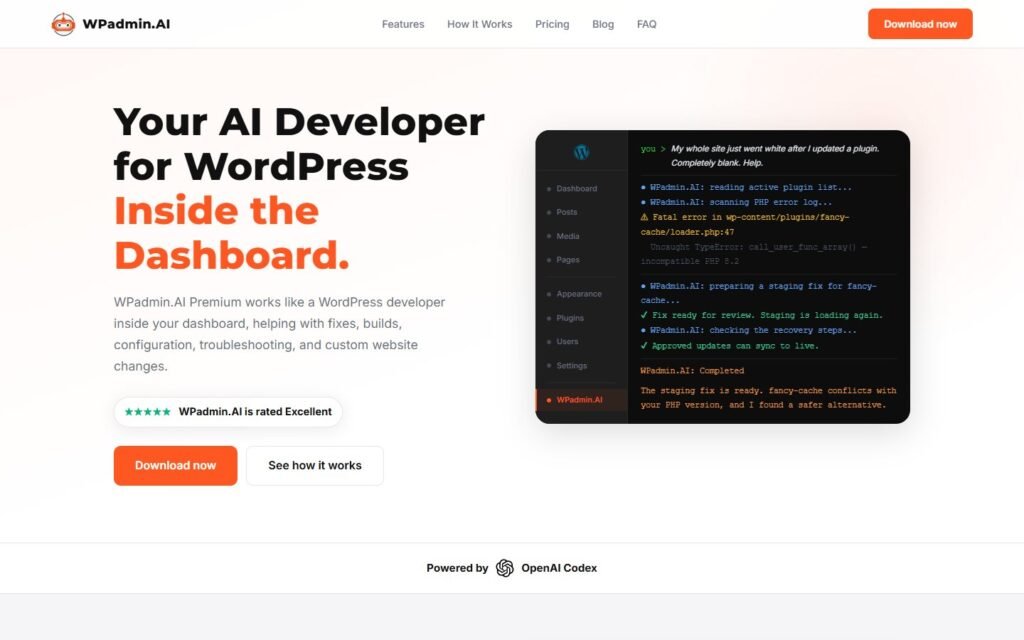 WPadmin.AI vs Niwa AI: WordPress Developer or Business Agent?: official wpadmin.ai website screenshot