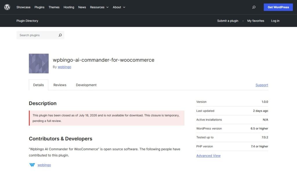Wpbingo AI Commander vs Niwa AI: WooCommerce Agents Compared: official wordpress.org website screenshot
