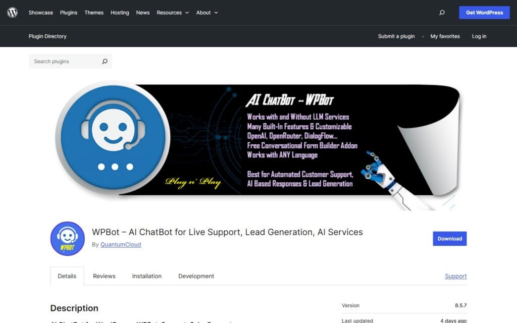 WPBot vs Niwa AI: WordPress Chatbot or Business Operator?: official wordpress.org website screenshot