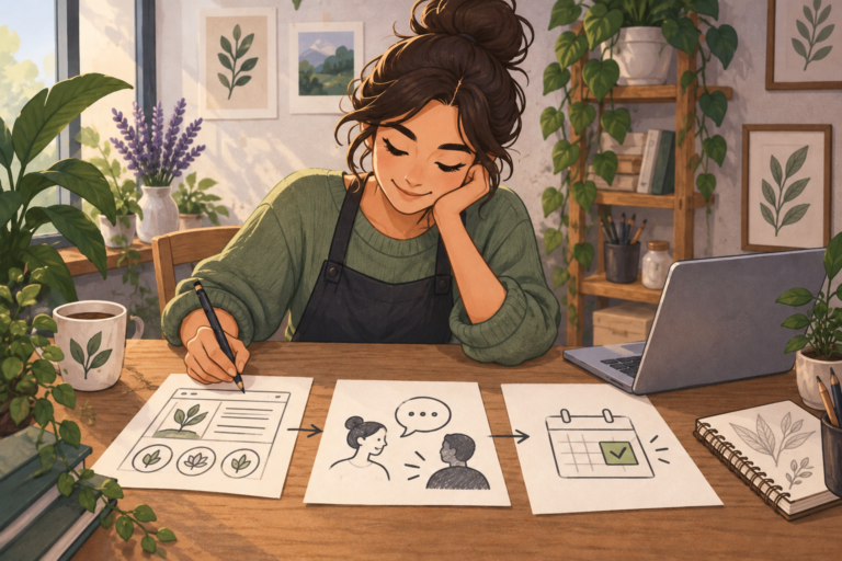 Illustrated business owner sketching a website, customer conversation and confirmed appointment on three sheets