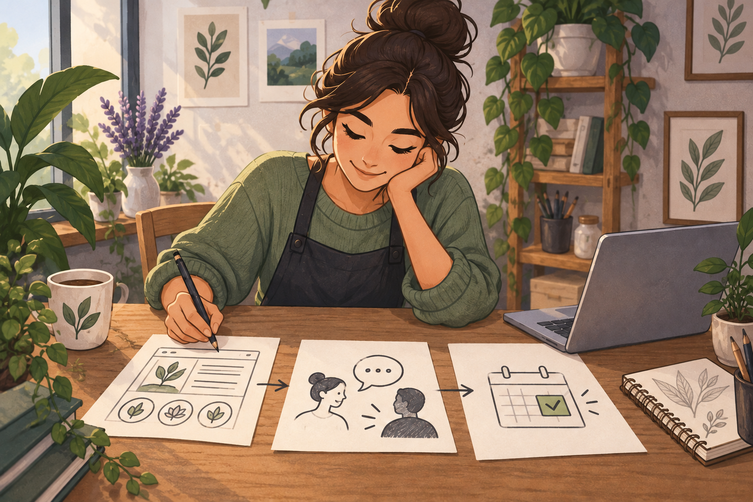 Illustrated business owner sketching a website, customer conversation and confirmed appointment on three sheets