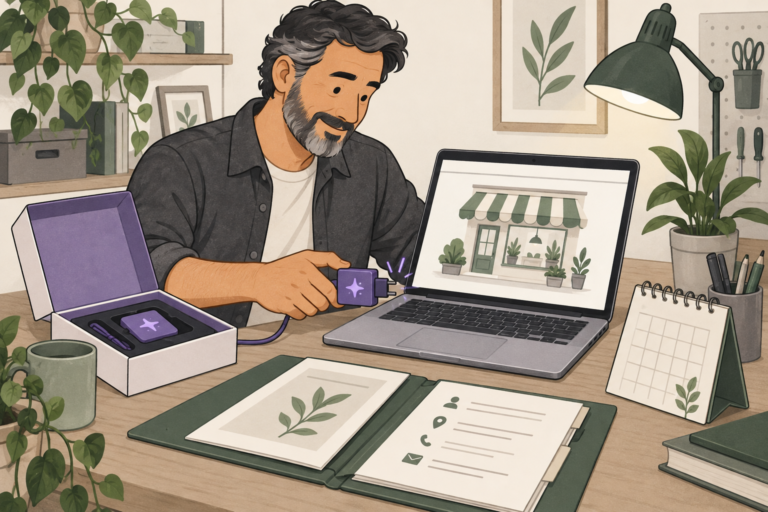 Illustrated business owner connecting a violet module to a laptop showing an existing storefront