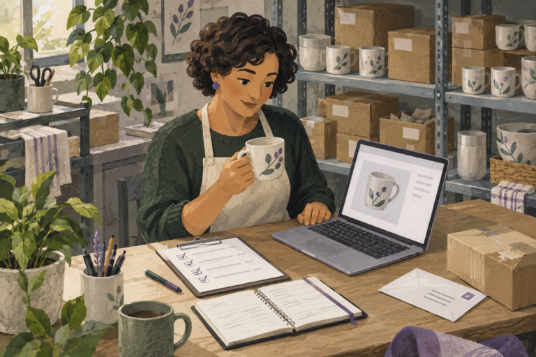 Painted shop owner checking a mug against its product image with stock boxes, a checklist and an envelope nearby