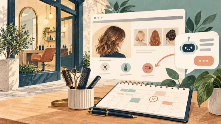 Konzeptionelle Illustration eines Friseursalons mit Website, Sprechblase und Terminkalender
