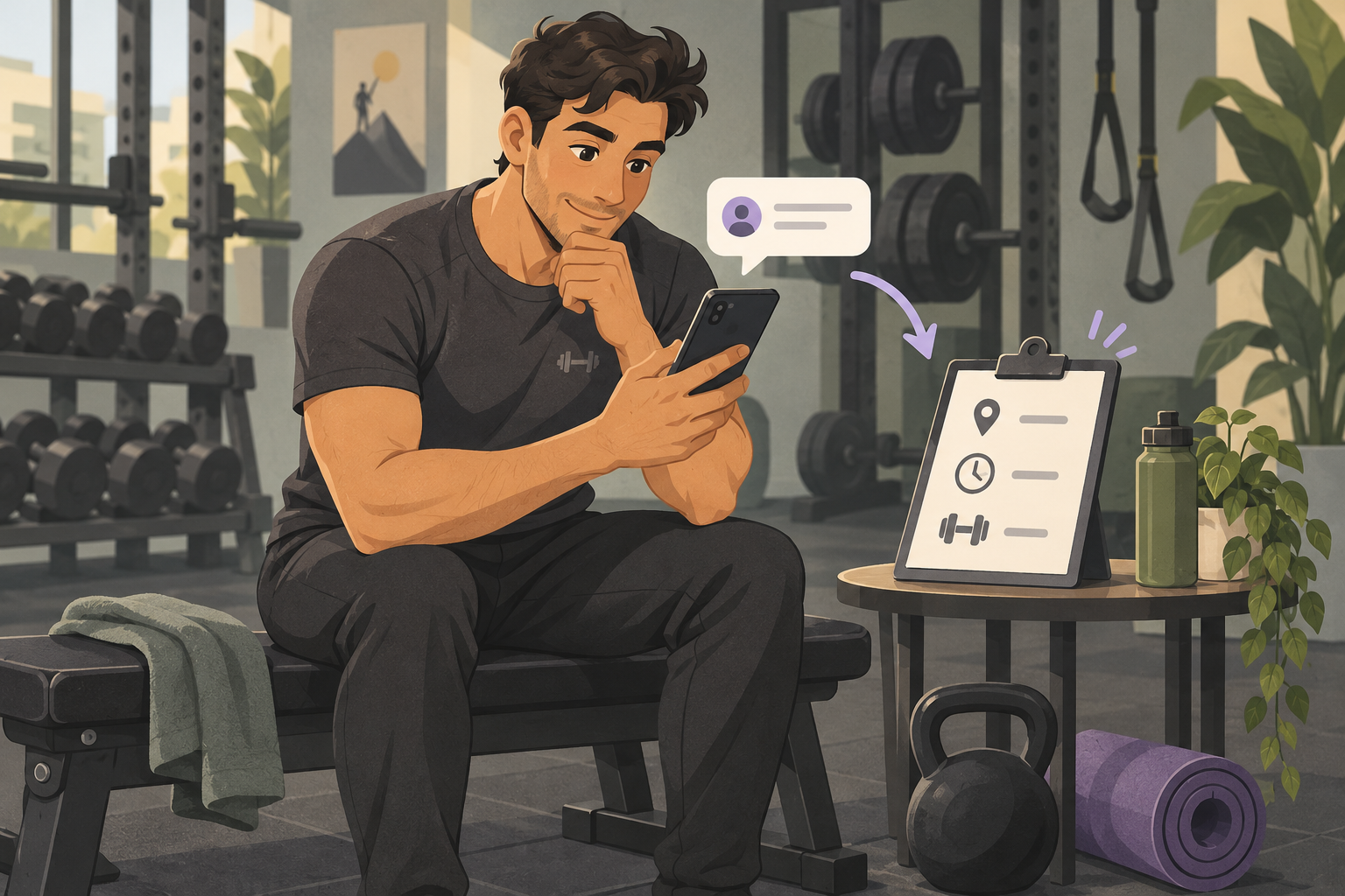 Illustrated personal trainer reviewing a client enquiry on a phone beside a consultation clipboard in a gym