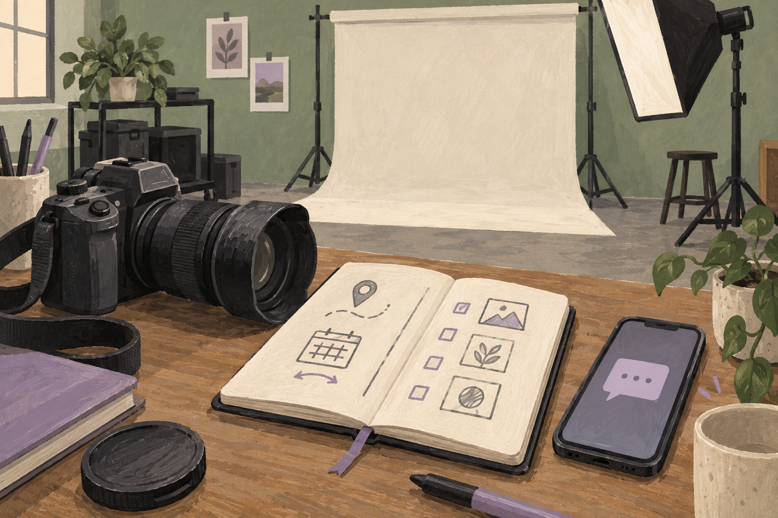 Painted camera and studio brief notebook beside a phone with an enquiry symbol and an empty photography backdrop