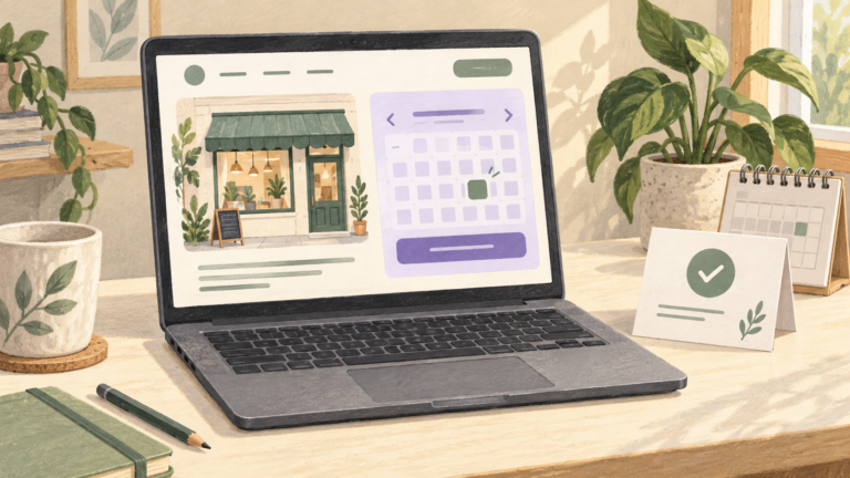 Illustrated laptop showing a website booking calendar beside a paper appointment confirmation card