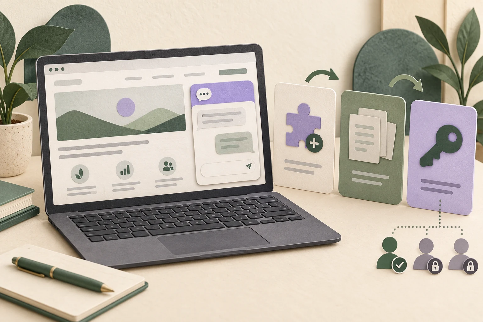 Laptop with a website assistant beside plugin, knowledge and permission cards