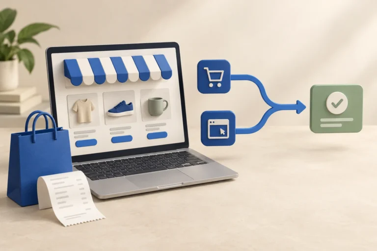 Conceptual illustration of an online store sending shopping events toward one confirmed result