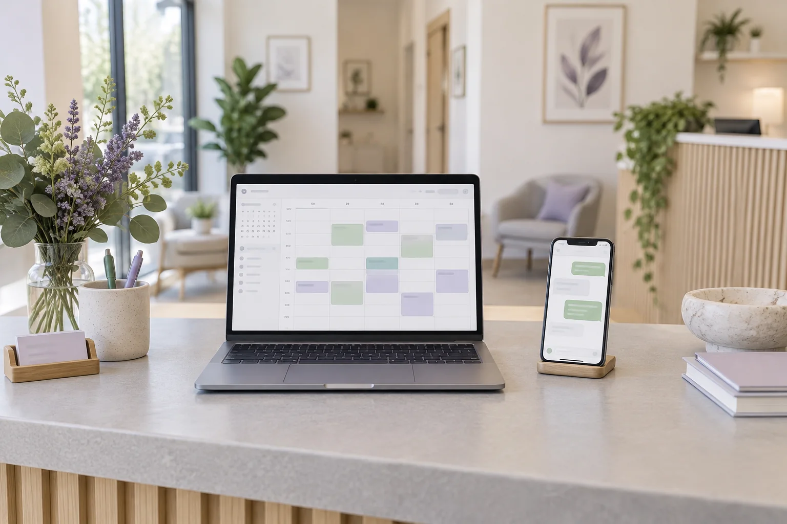 Laptop appointment calendar and phone on a clinic reception desk