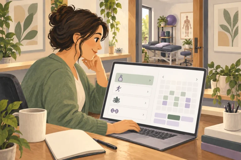 Illustrated practice owner setting up online appointment choices on a laptop
