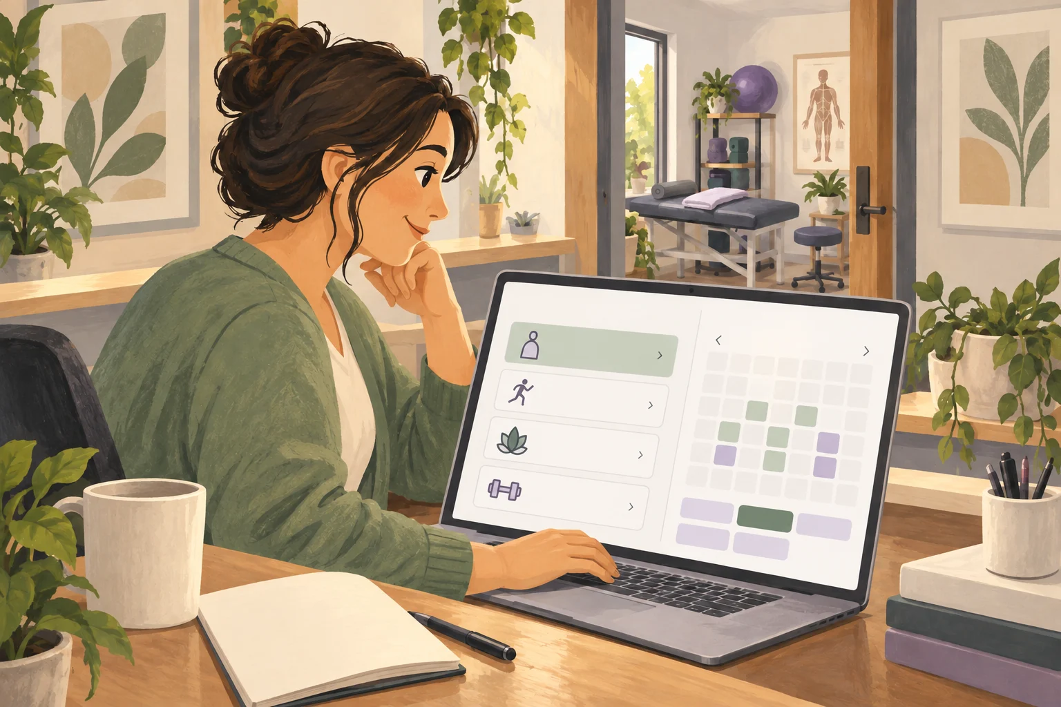 Illustrated practice owner setting up online appointment choices on a laptop