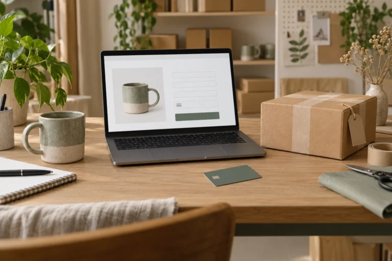 Online product checkout preview on a laptop beside a packed order and a payment card