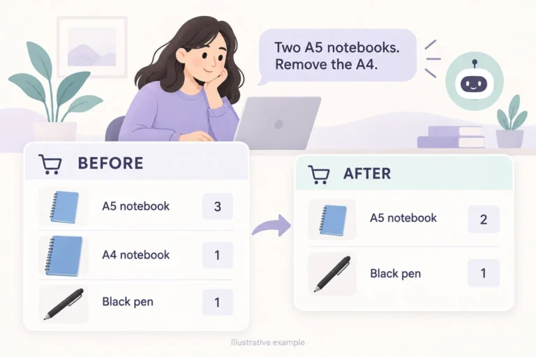 Conceptual shopping cart showing notebook quantities and a pen beside controls to update items