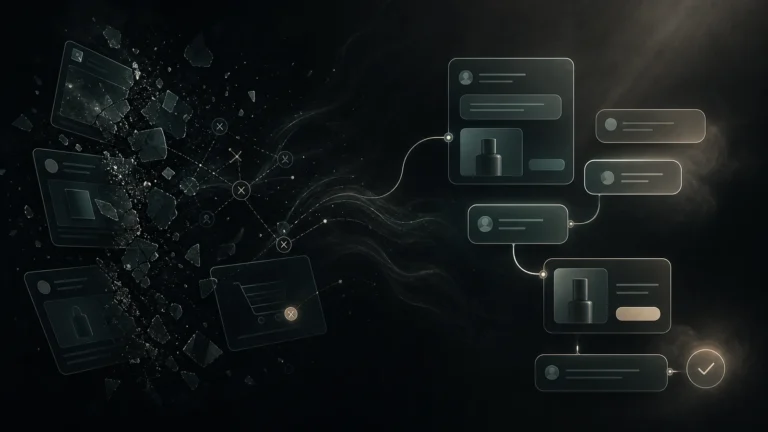 Conceptual ad traffic fragments connecting to product guidance through a website assistant