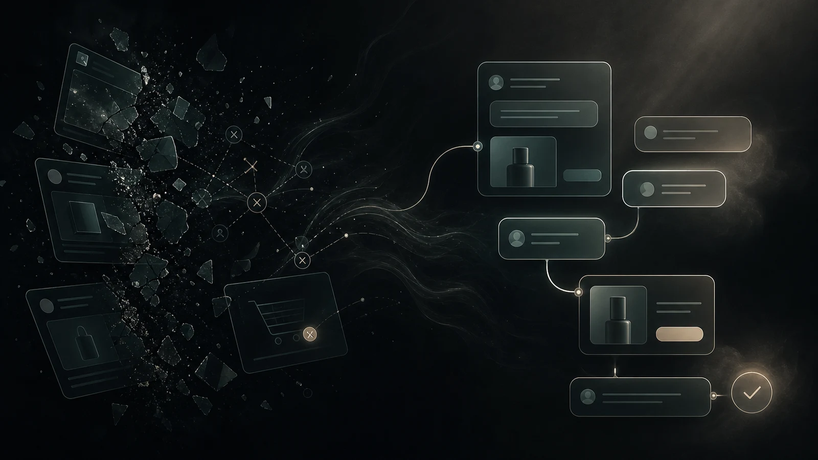 Conceptual ad traffic fragments connecting to product guidance through a website assistant