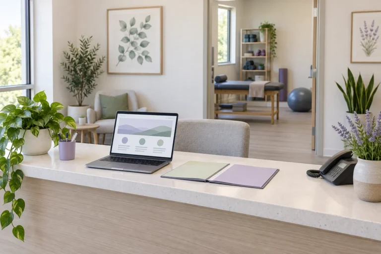 Laptop with service information and a practical information folder at a clinic desk