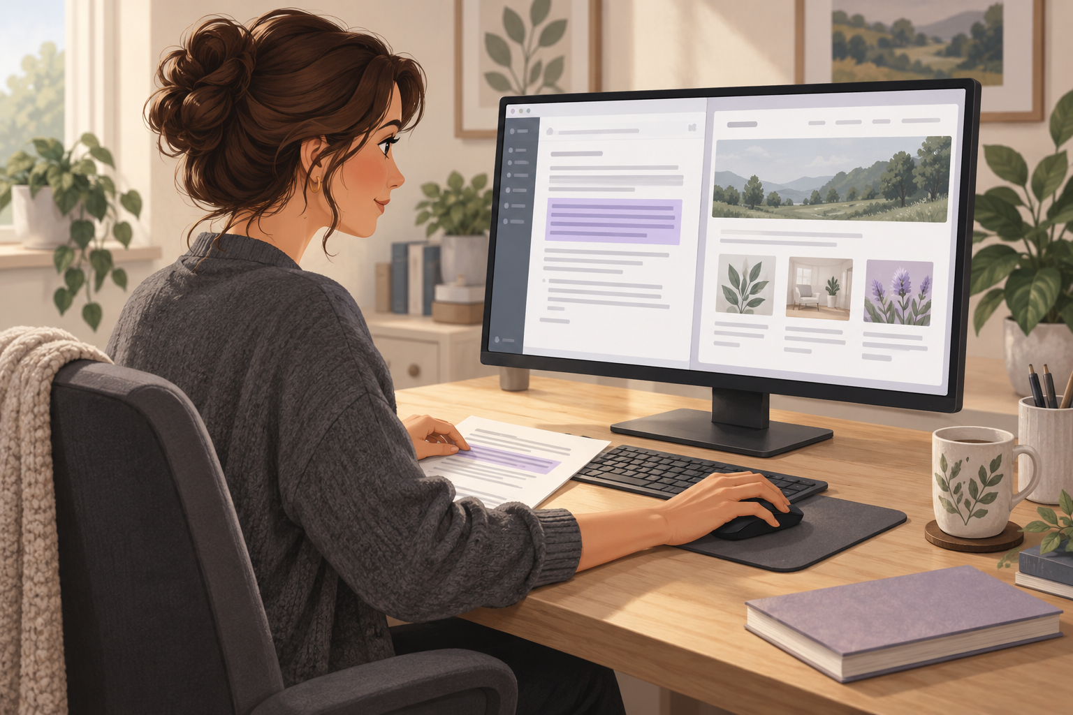 Illustrated website owner reviewing a highlighted page edit and its preview on a desktop monitor