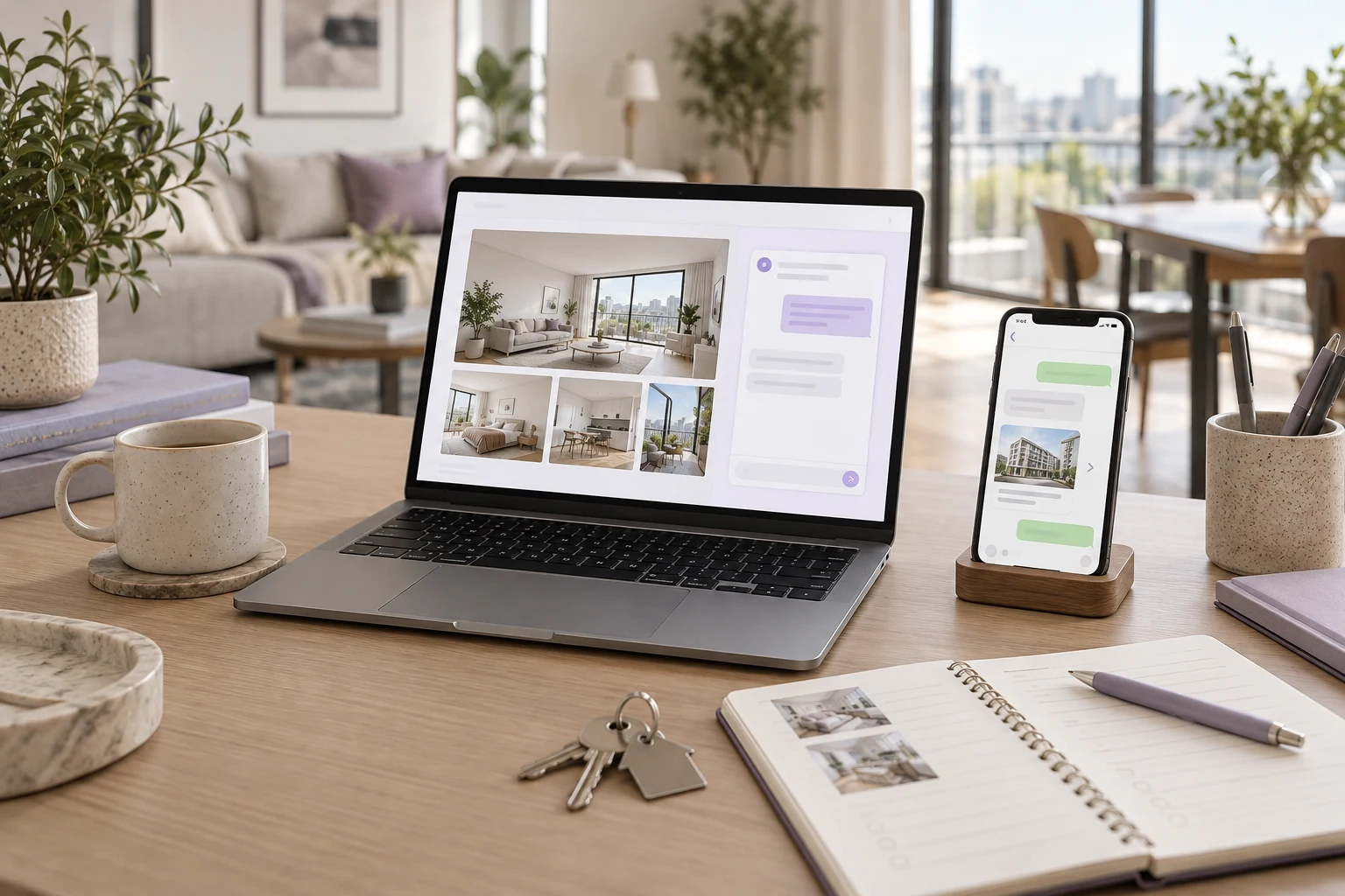Laptop with apartment listings beside a phone with a property message, viewing diary and house keys