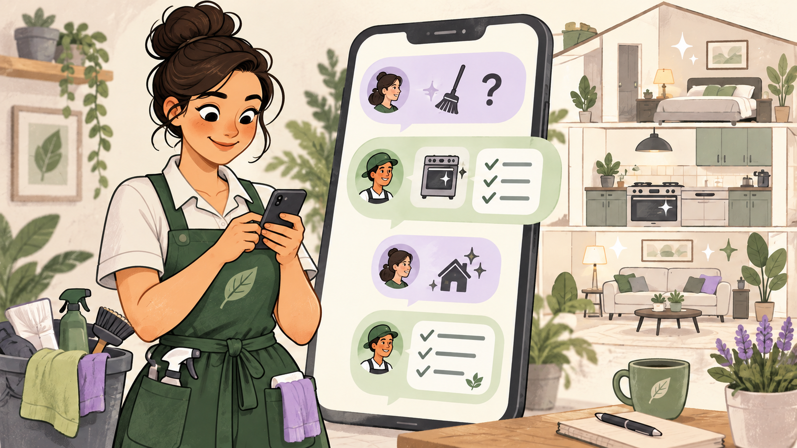 Illustrated cleaning operator reading and typing a service question in a phone text chat