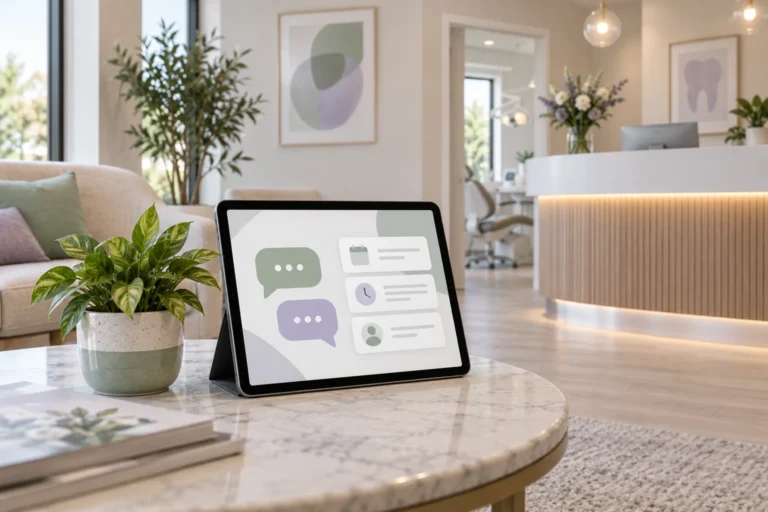Tablet showing abstract conversation bubbles and practice information cards in a dental waiting room