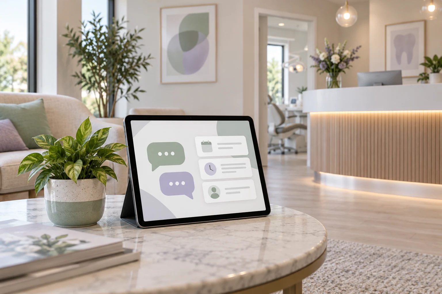 Tablet showing abstract conversation bubbles and practice information cards in a dental waiting room