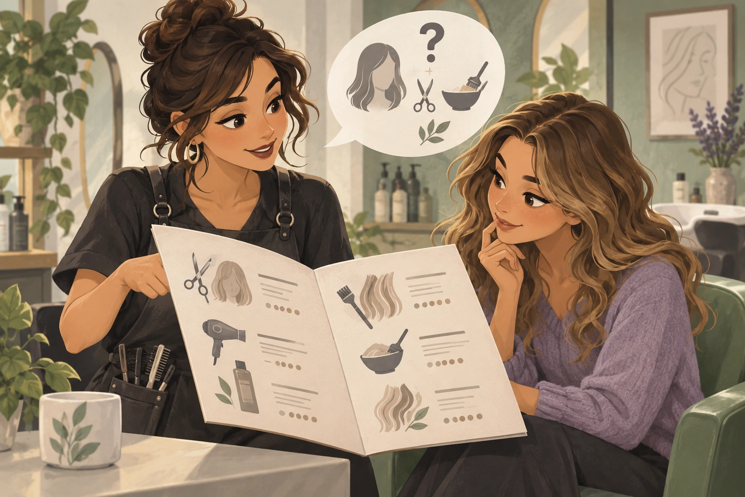 Illustrated hairstylist and client discussing a salon service menu with a consultation question bubble