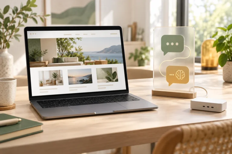 Laptop displaying a business website beside an abstract chat panel and network hub