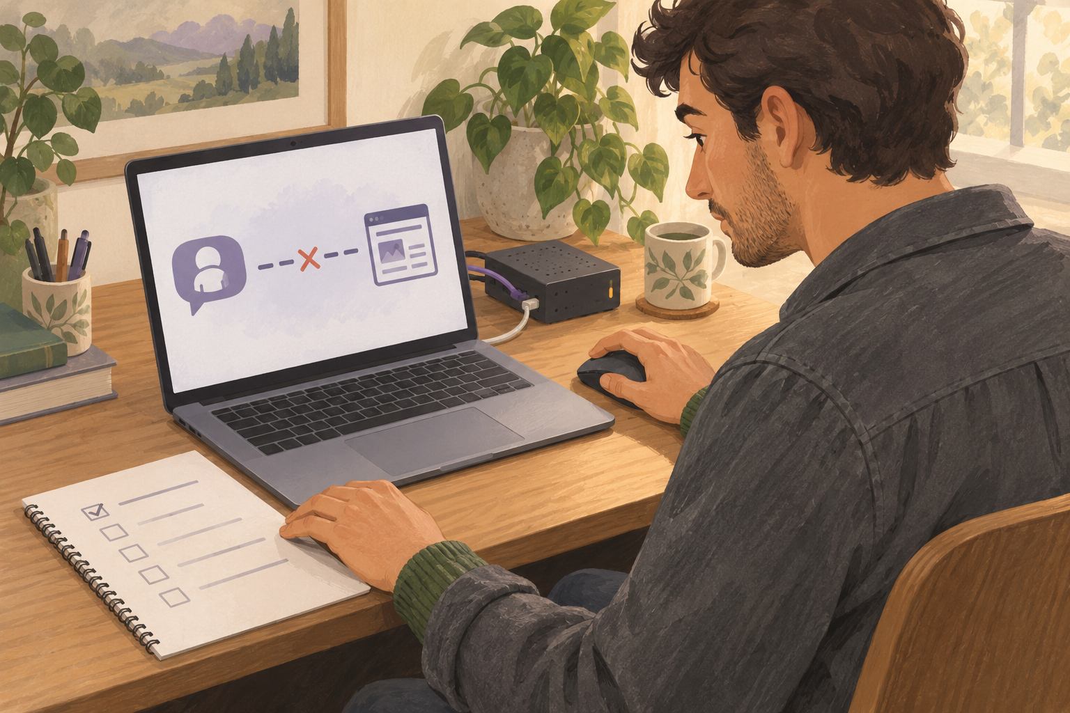 Illustrated technician reviewing an interrupted assistant-to-website connection beside a network box and troubleshooting checklist