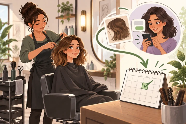 Illustrated hairstylist and client beside a text-message booking vignette and a checked appointment calendar