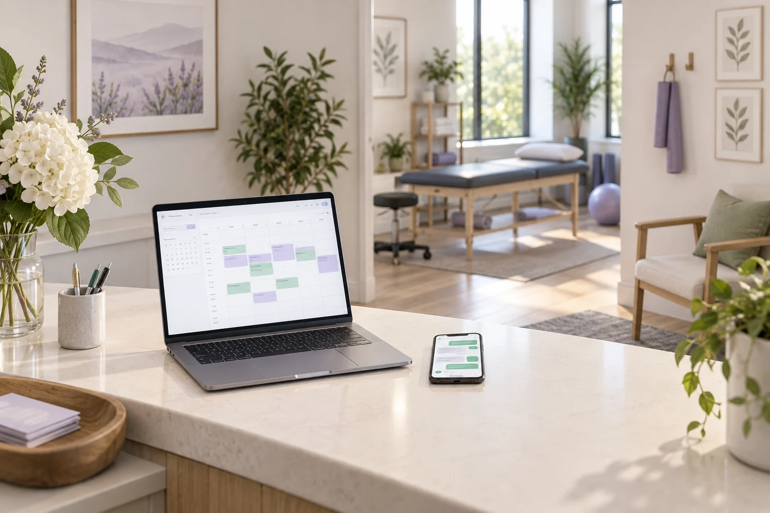 Laptop with an appointment calendar and a phone showing a messaging conversation at a physical therapy practice