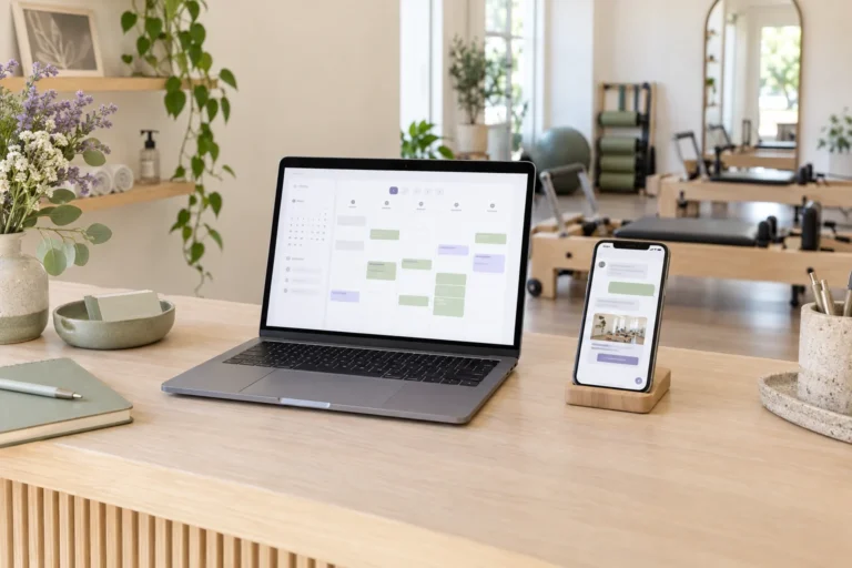 Laptop with an appointment calendar and phone with a website link at a Pilates studio reception desk