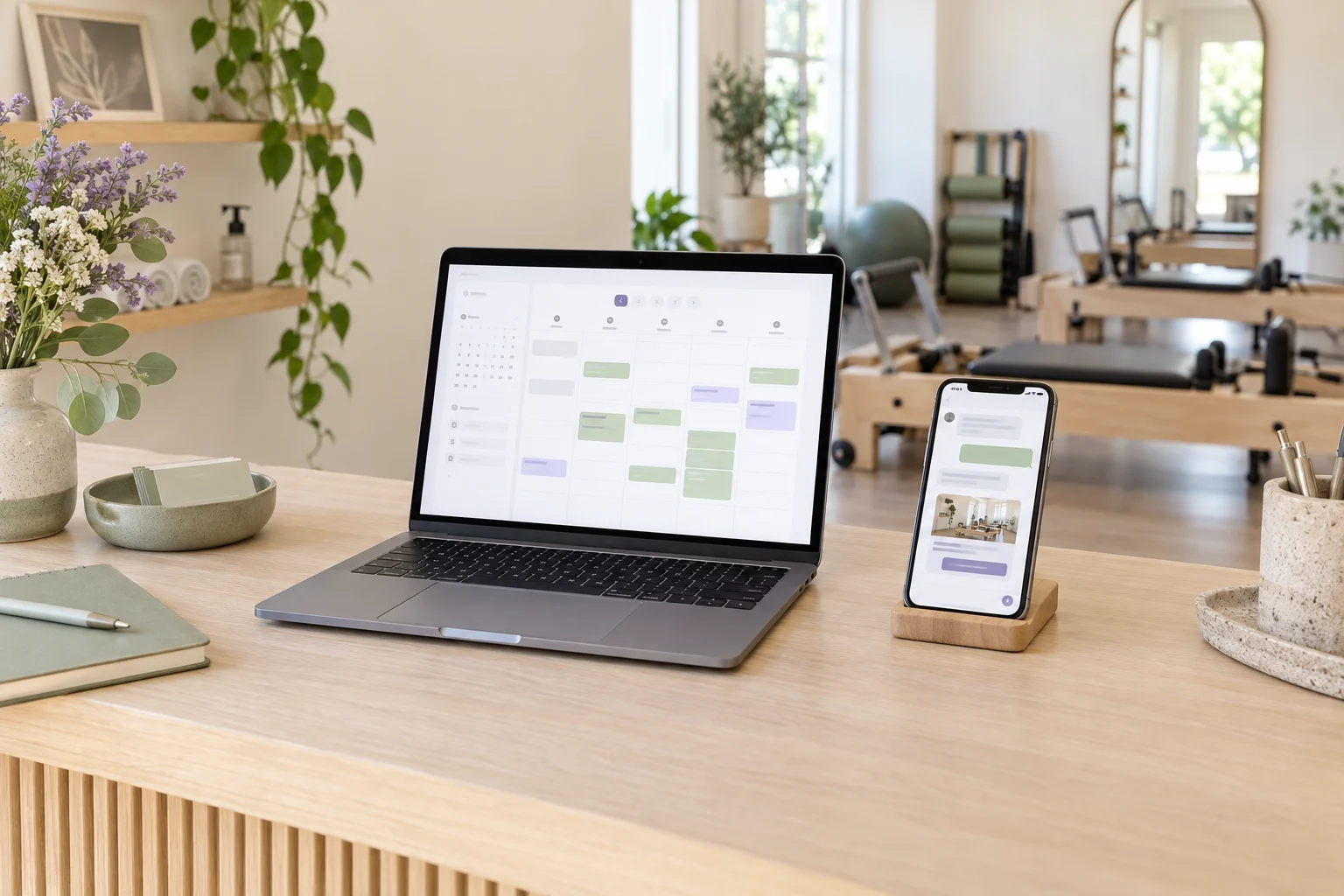 Laptop with an appointment calendar and phone with a website link at a Pilates studio reception desk