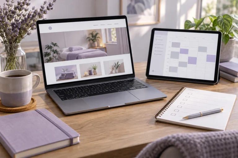 Service website on a laptop beside a tablet calendar and appointment checklist
