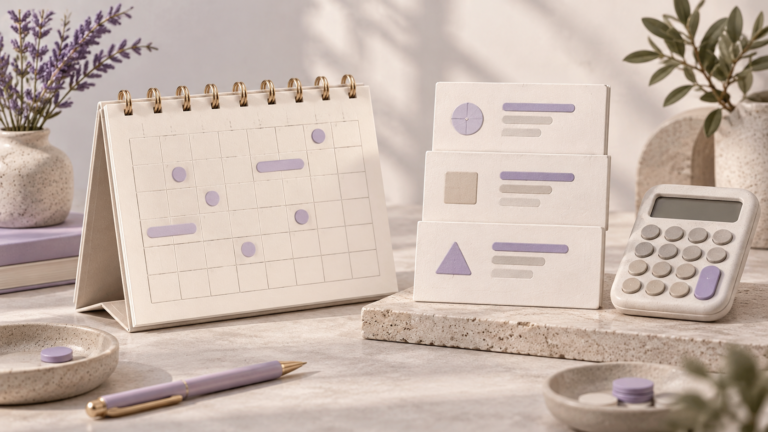 Booking calendar beside three cost cards and an unbranded calculator