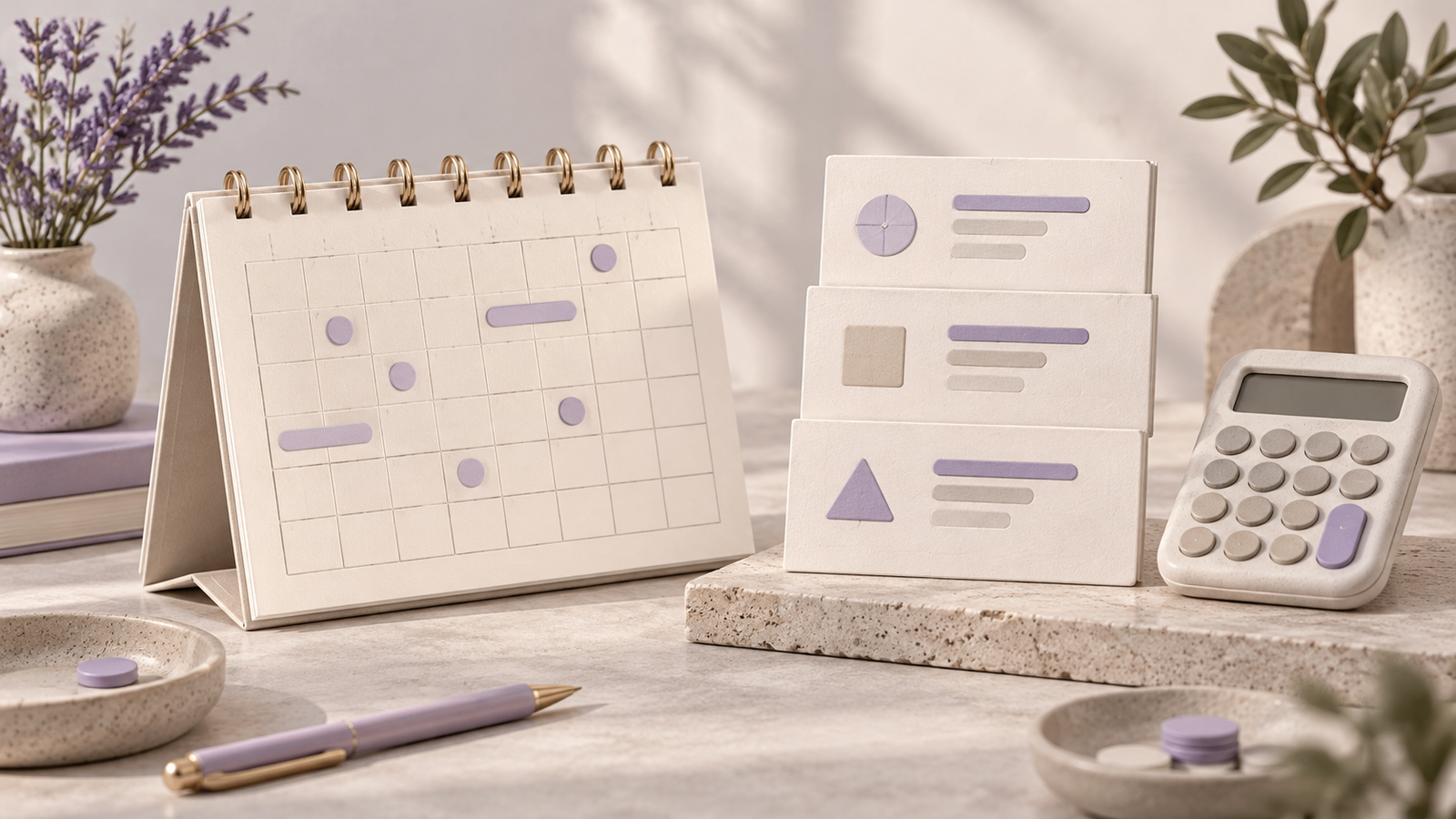 Booking calendar beside three cost cards and an unbranded calculator