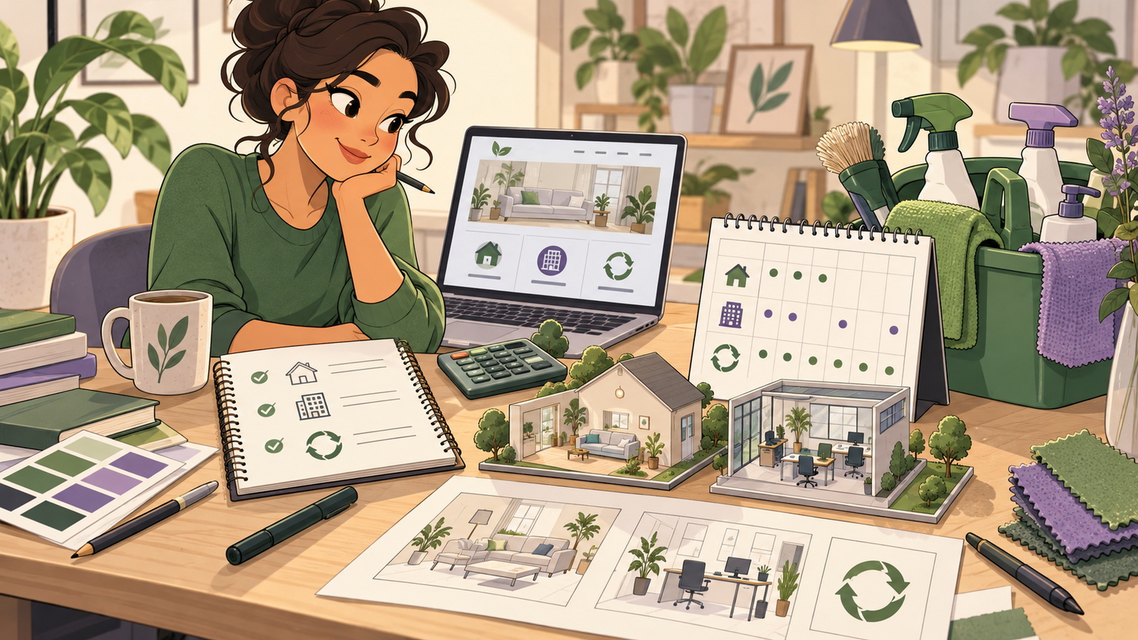 Illustrated planning desk comparing the scope of a cleaning business website