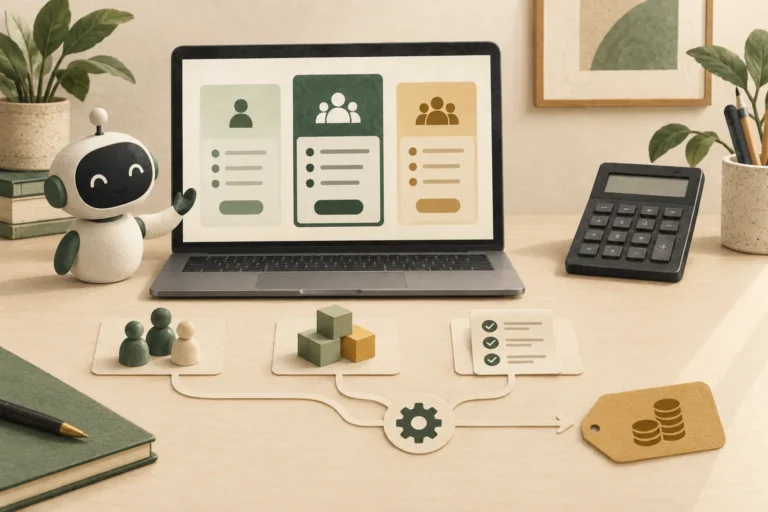 Abstract SaaS plan cards, seat tokens and usage blocks beside a calculator