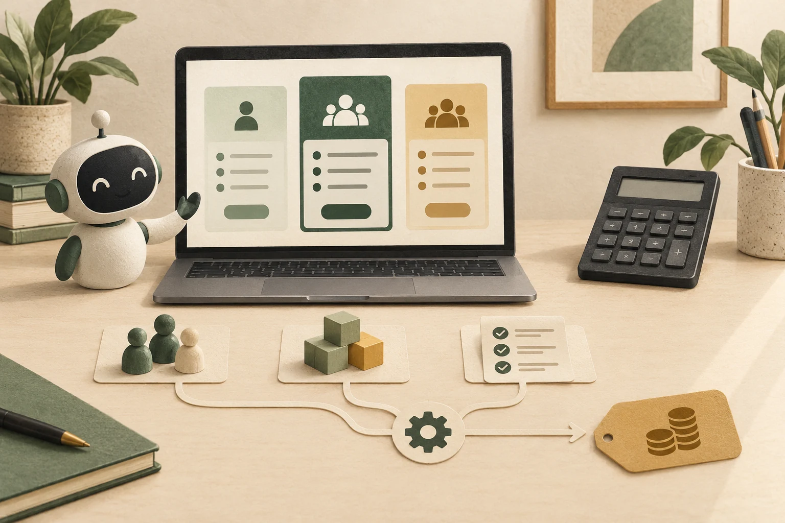 Abstract SaaS plan cards, seat tokens and usage blocks beside a calculator