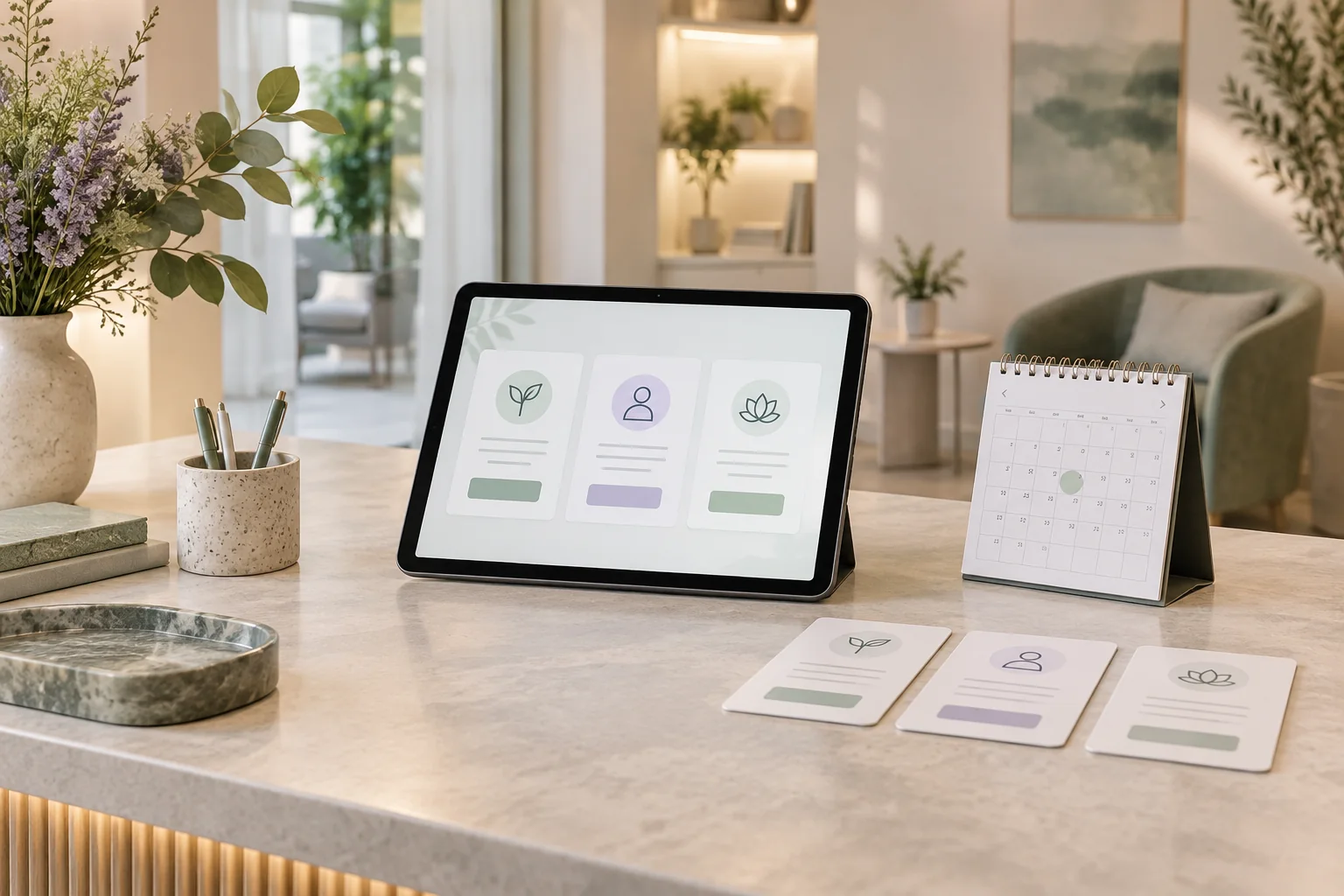 Tablet with generic appointment option cards beside a desk calendar in a clinic