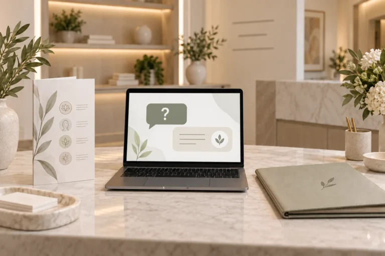 Reception laptop with conceptual service questions beside a brochure and a closed practitioner folder
