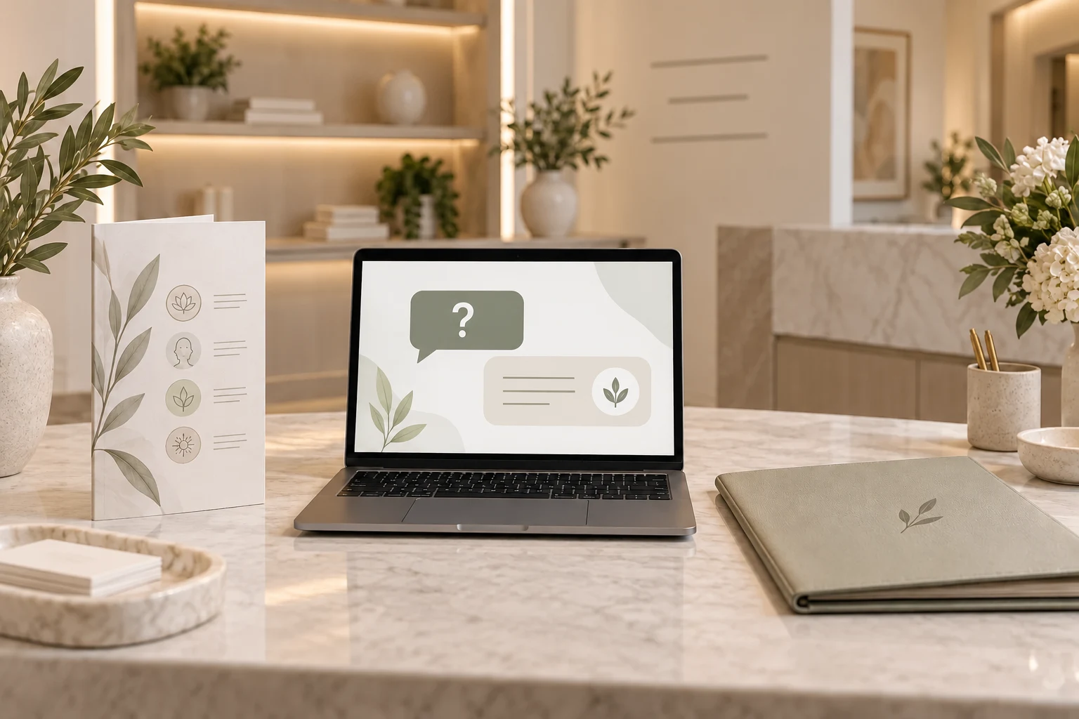 Reception laptop with conceptual service questions beside a brochure and a closed practitioner folder