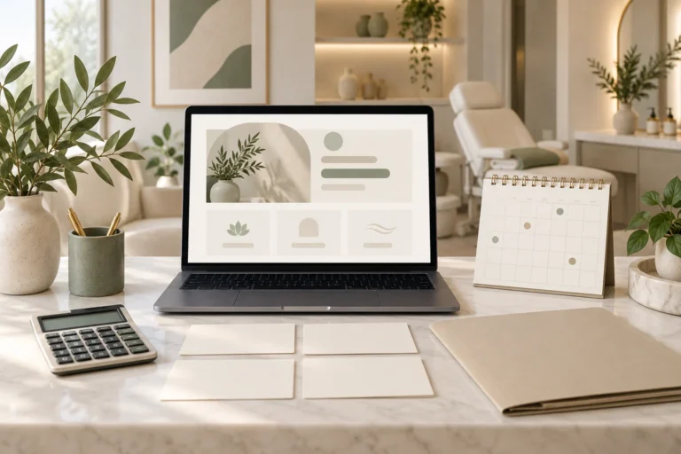 Clinic website planning desk with a laptop, calculator and separate scope cards for site and booking