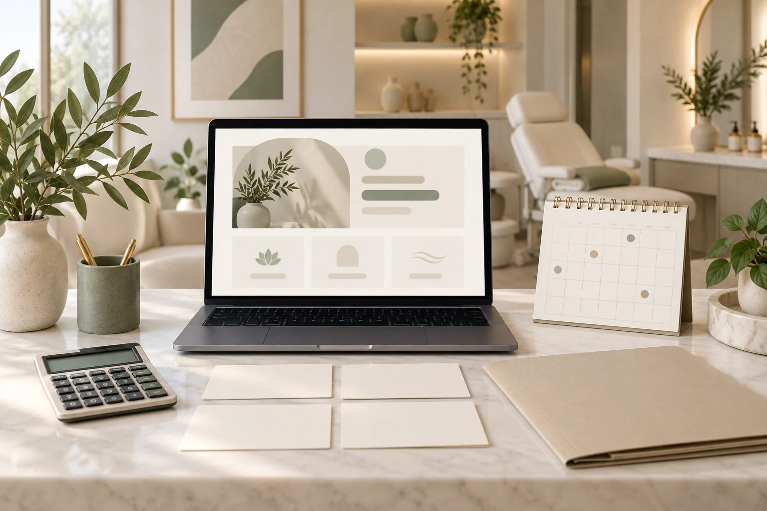 Clinic website planning desk with a laptop, calculator and separate scope cards for site and booking