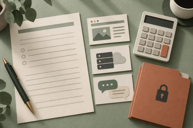 Website budget checklist with hosting and AI cards beside a separate application folder