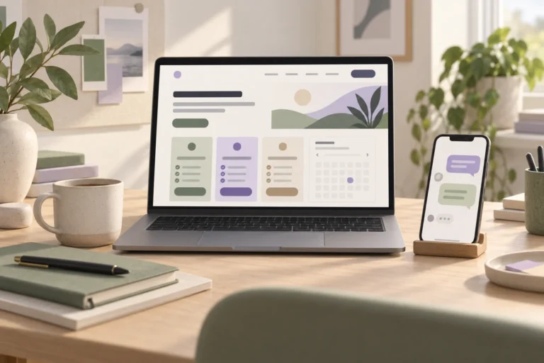 Laptop displaying abstract SaaS plan cards and a website calendar beside a phone with conversation bubbles