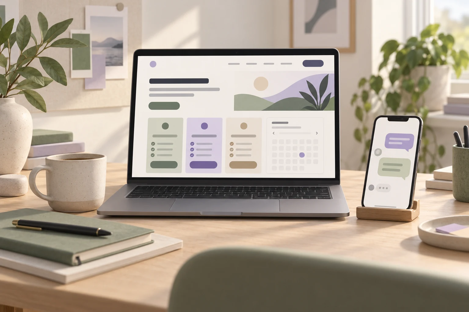Laptop displaying abstract SaaS plan cards and a website calendar beside a phone with conversation bubbles